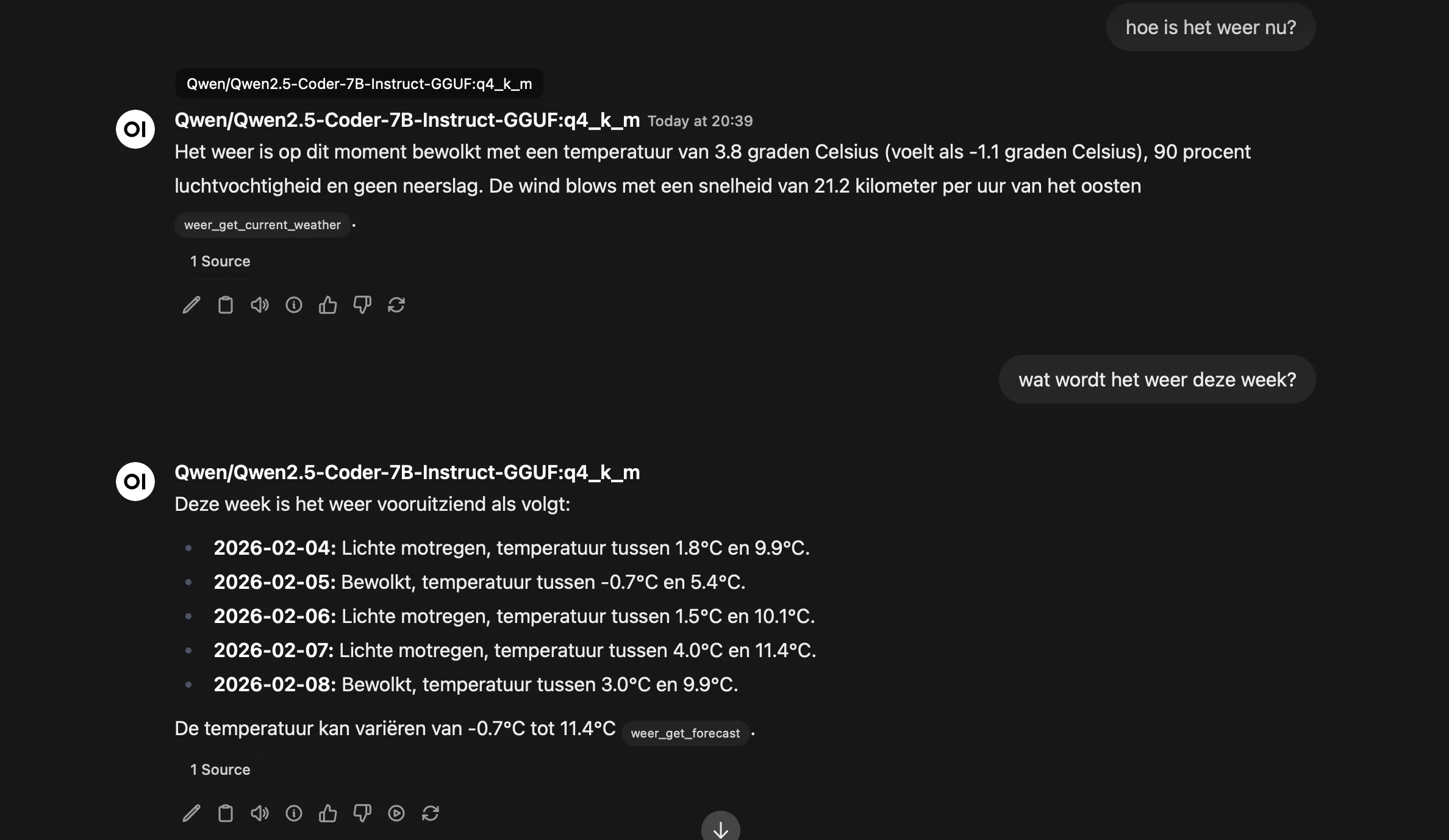 OpenWebUI toont weerdata